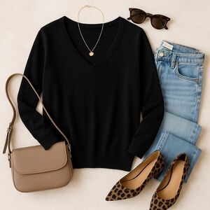 Milano Essential Black V-Neck Sweater 1X Plus Size Soft Lightweight Knit